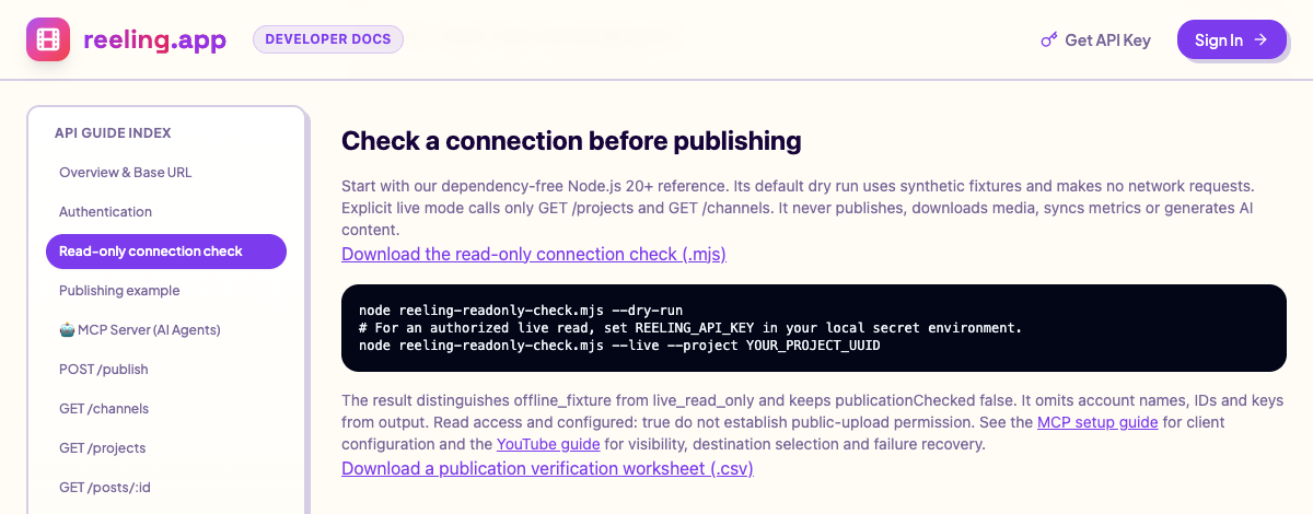 Reeling developer portal with Read-only connection check selected and its download link visible.